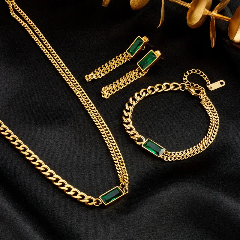 Nabest Stainless Steel Rectangle Emerald Charm Necklace Bracelet Earrings Pave Cz Waterproof Gold Plated Women Jewelry Set