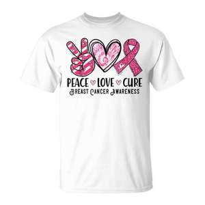 T-shirt de sensibilisation au cancer du sein avec ruban rose Peace Love Cure - Product Image 1