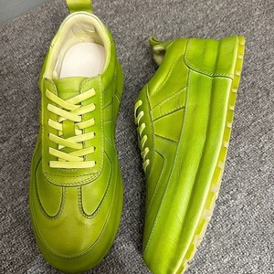 Baskets basses décontractées en cuir véritable vert pour hommes, respirantes, à talon plat, à lacets, couleur unie, style jeune - Product Image 3