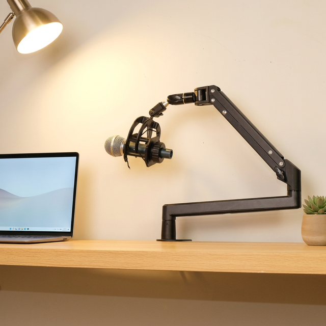 Podcast Microphone Stand Adjustable Boom Arm-Heavy Duty Metal Two-in-One Desktop Mount High Capacity Bearing Anti-Shock Design