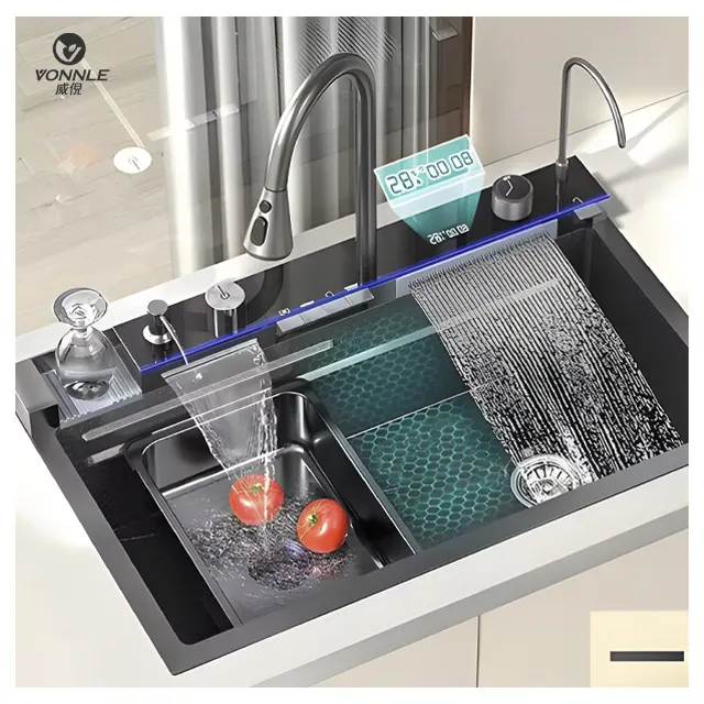 중국 현대 수제 폭포 싱크대 싱글 볼 스테인레스 폭포 부엌 싱크대