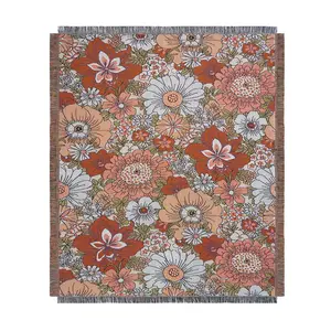 Custom Floral Woven Jacquard Bohemia Rug Tapestry Tassel Throws Blanket