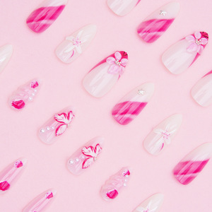 <span class=keywords><strong>Faux</strong></span> <span class=keywords><strong>ongles</strong></span> en <span class=keywords><strong>gel</strong></span> 3D en forme d'amande, style français rose, motif étoile de mer et fleur, avec boule dorée en ABS, couvrance totale, colle amovible – Meilleures ventes - Product Image 2
