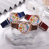 Nouvelle Montre Femme Mignonne Oursin, Style Rétro Simple et Tendance, Grand Cadran, Bracelet en Alliage Multicolore, Mouvement Quartz Décontracté