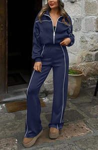 Vêtements de rue pour femmes droite rayé bleu <span class=keywords><strong>marine</strong></span> vêtements de sport vêtements de sport décontractés pantalons de Sport et fermeture éclair Sport chemise ensemble - Product Image 4