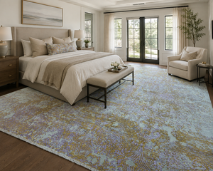 Tapis d'appoint vintage abstrait en soie noué à la main 8x10 pieds pour chambre de luxe et chambre à coucher, ivoire, or et lavande - Product Image 1