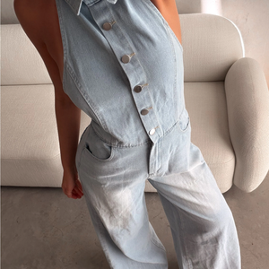 Mono vaquero sin mangas azul claro para mujer con cuello de camisa, botones frontales, ajuste holgado, largo completo, ropa casual de verano - Product Image 3