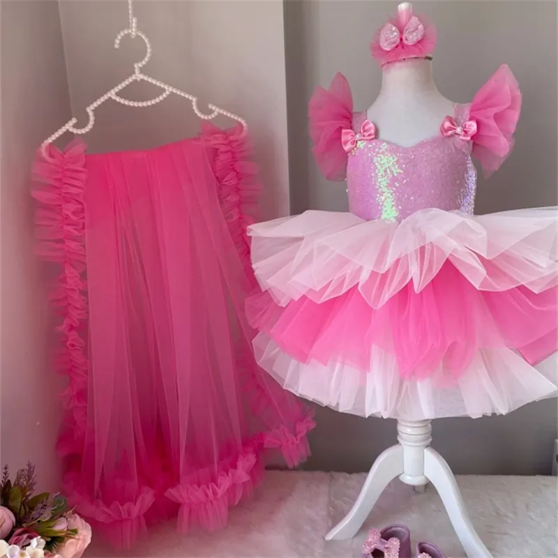Kids Ball Gown Flower Girls Host Performance Puffy Dress Princess Birthday Party Formal Dinner Party With Long Tail