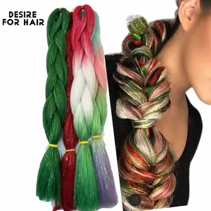 新的Bling混合金属丝高温圣诞红白色绿色彩色巨型辫子发丝合成编织头发
