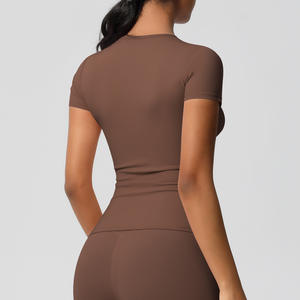 Roregal Yoga T-Shirt Fitness Running Col rond <span class=keywords><strong>Couleur</strong></span> unie T-shirt court serré Dames Yoga Tops courts - Product Image 5