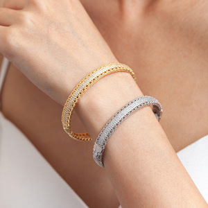 Gold And <b>Silver</b> Full Diamond Zirconium <b>Bangle</b> With Snap Clasp Women's Jewelry Gift Geometric Design Micro Insert <b>Bracelet</b> - Product Image 1