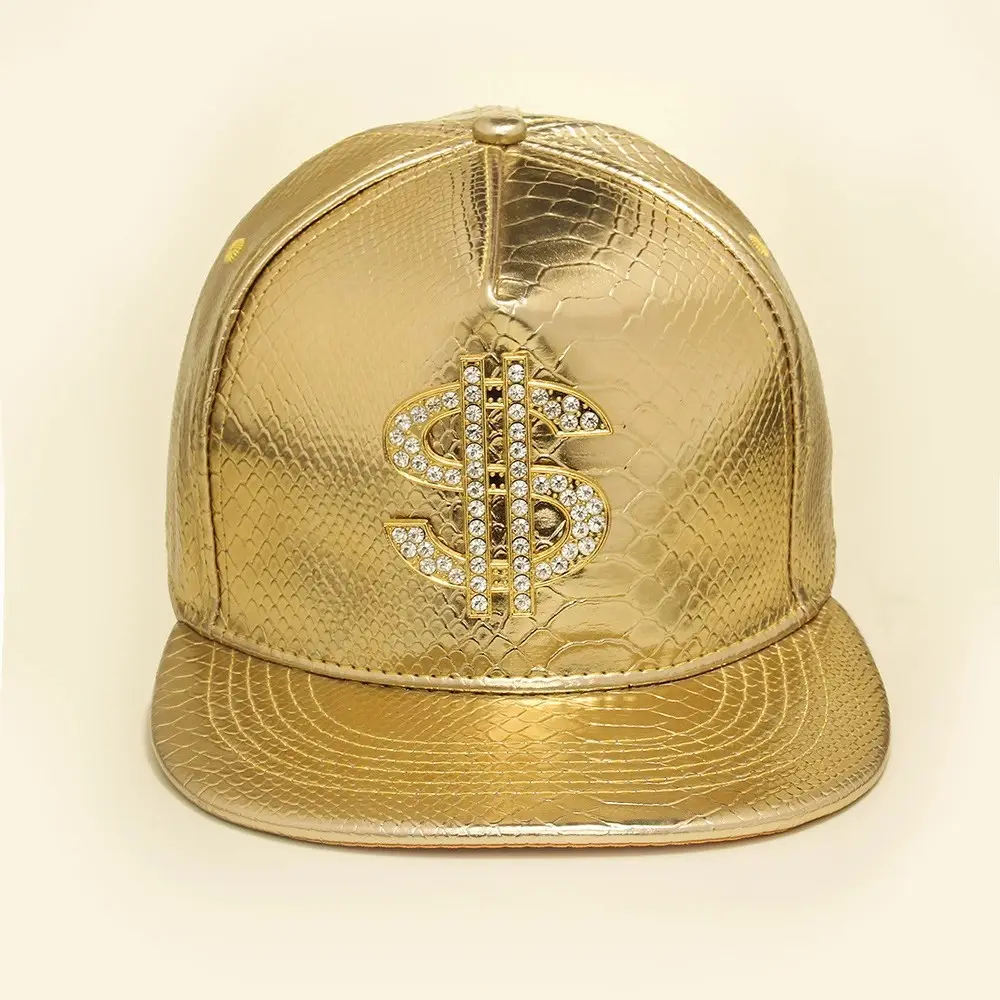 2024 nuevo estilo moda Hip Hop gorra de béisbol de cuero dinero 3D Painttd Logo con diamantes de imitación gorra de béisbol de Color dorado