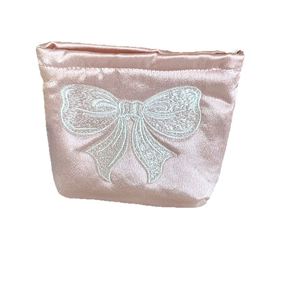 Custom Logo Pink Velvet Makeup Bag Embroidered <b>Bow</b> <b>Large</b> Capacity Zipper Cosmetic Pouch Portable Travel Organizer for Women - Product Image 1