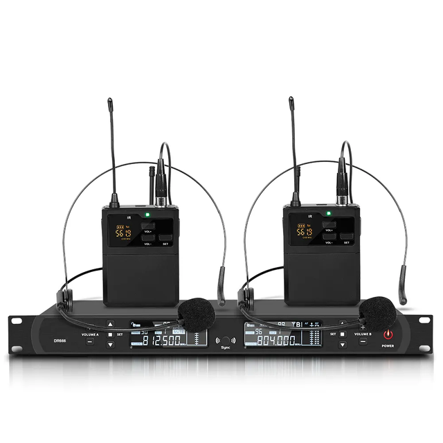 DR666 High Sound Quality Portable 2-Channel Headset Wireless Microphone System Hot Selling Metal Mic with Wireless Access
