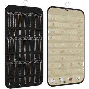 Hanging Jewelry Organizer 36 Hooks 40 Pockets Rectangular Black And Beige For Necklace Storage Women Modern Style - Product Image 1