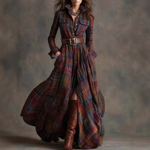 Robe midi à carreaux pour femmes grandes tailles, ourlet asymétrique, robe décontractée vintage amincissante - Product Image 5