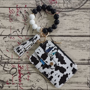 Fashion <strong>Silicone</strong> <strong>Bead</strong> Bracelet Keychain Wallet Folded Vertical Zipper Card Bag Leopard PU Leather Wallet Keychain Gift for Women - Product Image 4