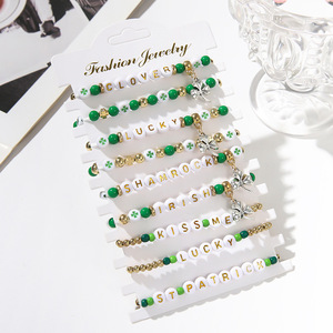 Fashion Jewelry St Patrick <b>Beaded</b> <b>Bracelet</b> Set Letter Charm Lucky Stackable Gift <b>Bracelets</b> Green Gold Zinc Alloy - Product Image 2