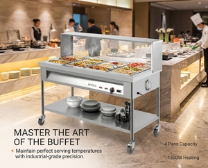 Mobilier de cuisine professionnel en acier inoxydable, bain-marie avec écran acrylique, étagère supérieure et inférieure, contrôle de la température et couvercle, HoReCa - Product Image 3