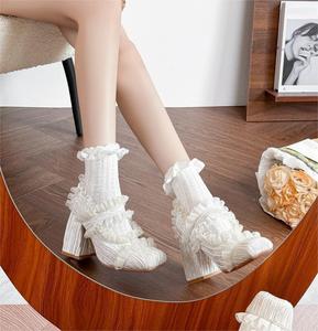 Shikol cosplay Lolita ba lê bơm Giày cao gót màu đen trắng ren rìa vuông ngón chân dày gót ba lê Mary Jane Giày phụ nữ - Product Image 1