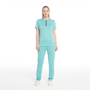 Infirmière vêtements de travail médicaux 2 pièces ensemble femmes avant fermeture éclair chemise survêtement pantalon gommage uniformes à manches courtes - Product Image 1