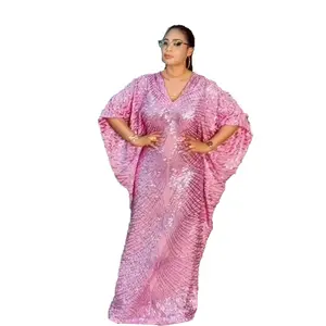 New Design Africa Traditional Dress African sequin fabric Sale China Boubou Marocain Pour Femm V-neck africa dress