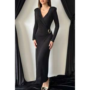 Robe de soirée trapèze noire scintillante à boucles, longueur genou, avec dentelle brodée, idéale pour les fêtes et événements formels (vente en gros) - Product Image 2