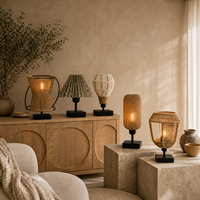 Lámpara de Mesa LED Ambiental Moderna de Estilo Boho con Pantalla Tejida de Ratán Impresa en 3D, Base de Metal Negra, Cable E26, para Dormitorio o Sala de Estar, con Certificación UL
