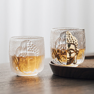 Frosted Glass Tea Cup With Buddha Design <b>Large</b> Size For Kung Fu Tea Home Use - Product Image 1