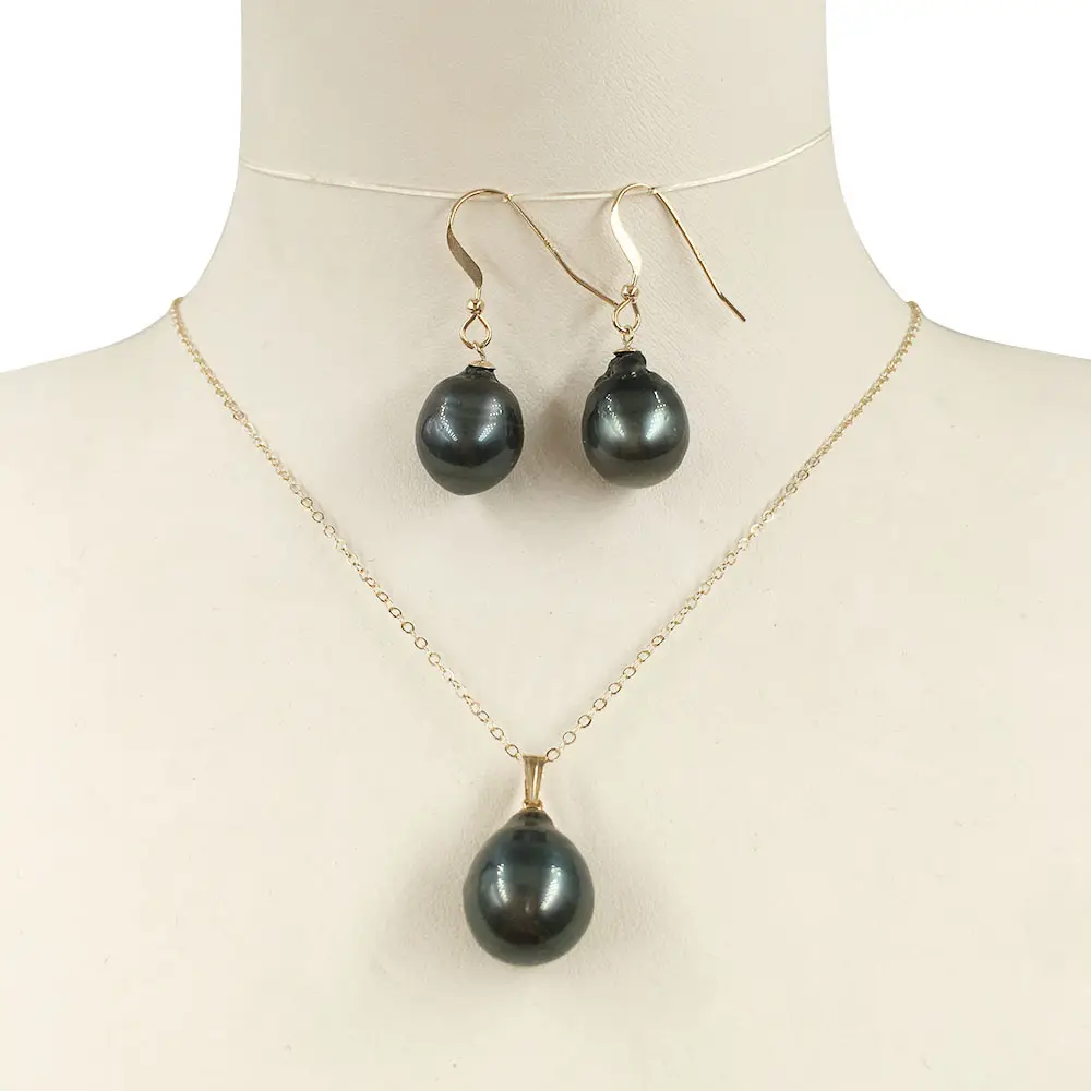 18 Inch 14K gold filled natural tahitian pearl jewelry set with earring+necklace ,baroque pearl sea salt pearl nature black
