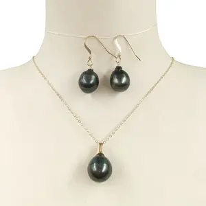 18 Inch 14K gold filled natural tahitian pearl jewelry set with earring+necklace ,baroque pearl sea salt pearl nature black