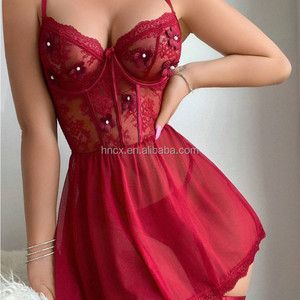 CX 5473 Ventes directes Lingerie Sexy Maille transparente Grande balançoire Jarretelle Chemise de nuit Dentelle Vêtements de nuit séduisants Ensemble deux pièces - Product Image 1