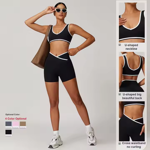 <span class=keywords><strong>Ensemble</strong></span> de <span class=keywords><strong>Sport</strong></span> et Yoga Côtelé pour <span class=keywords><strong>Femme</strong></span> : Soutien-Gorge de <span class=keywords><strong>Sport</strong></span> Col V à Bordure Contrastante / Crop Top / Legging Évasé / <span class=keywords><strong>Short</strong></span> Cycliste – Contrôle Ventre - Product Image 4
