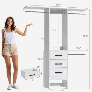 Wall-Mounted Closet Organizer System with 3 Hanging Rods and 3 Drawers Walk-in Wardrobe with <strong>Shelving</strong> for Bedroom Storage - Product Image 1