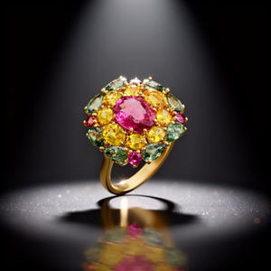 New Top selling 18K Yellow <b>Gold</b> Pink Tourmaline & Multi-Sapphire <b>Cocktail</b> <b>Ring</b> Elevate your style with this vibrant MultiStone - Product Image 1