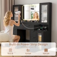 SENYU Coiffeuse Moderne avec Miroir LED Réglable, 5 Tiroirs, Station de Recharge, Meuble de Chambre sur Pied en Panneau MDF