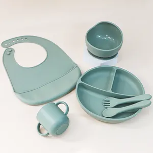 Alta Qualidade Silicone Baby Tableware Jantar Sucção Plate Bibs Silicone Training Sippy Cup Colher E Garfo Bib Baby Bowl Set
