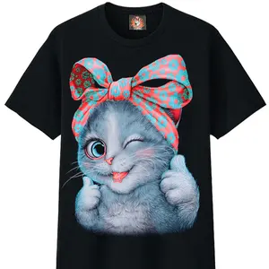 Camisa de manga curta para verão, feminina, estampa de desenhos animados, camiseta gato, manga curta, moda solta, blusa de algodão preta casual