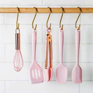 Mini conjunto de ferramentas de cozinha, conjunto de 5 peças de mini ferramentas de cozinha de aço inoxidável de cobre com alça em silicone, utensílio de cozinha para assar espátula