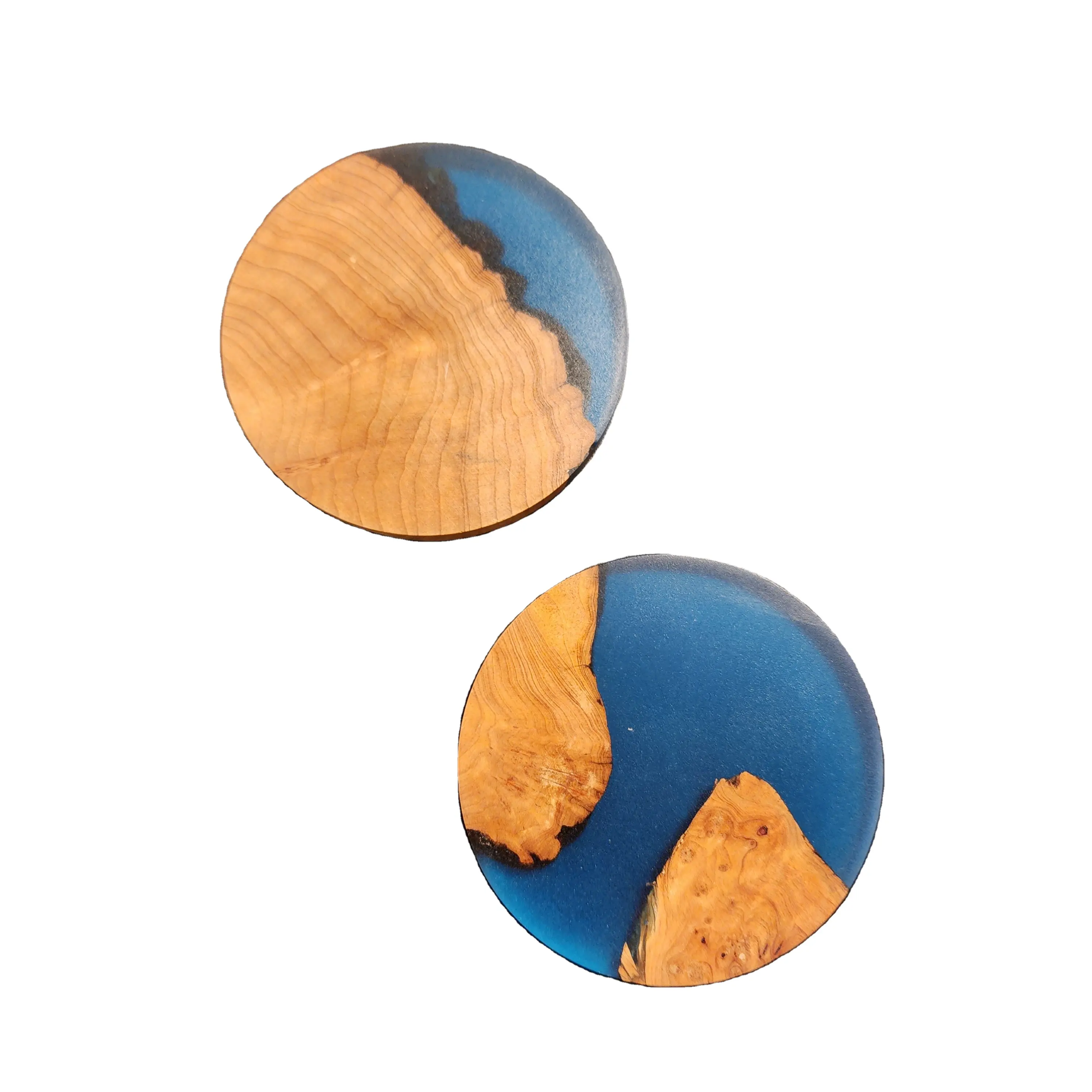 Ready To Ship Blue Resin Coaster Epoxy Thuja Wood Coaster Custom Round 4inches Coasters For Drink