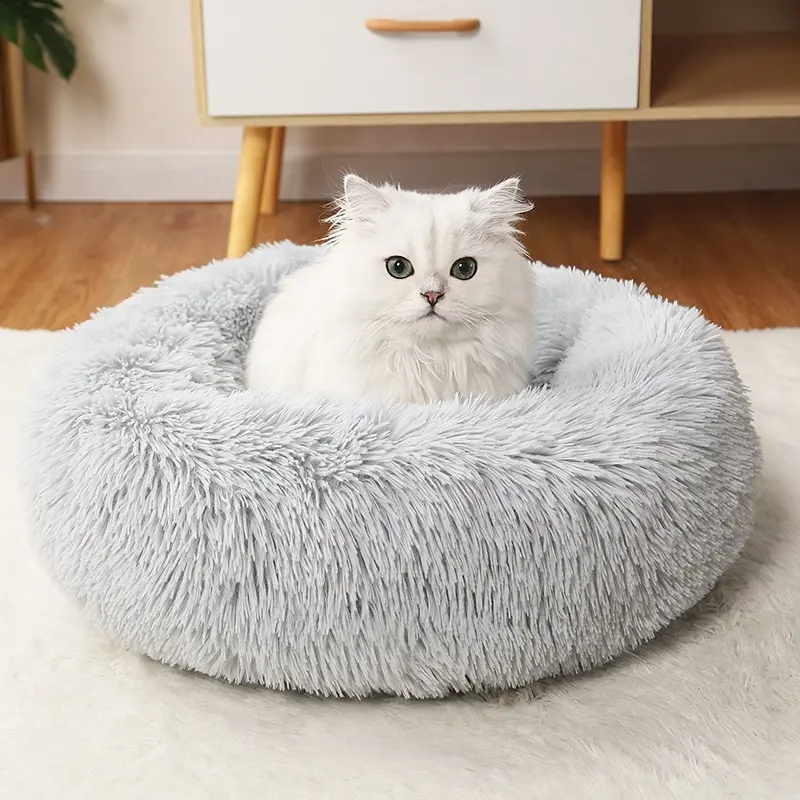 Dropshipping Custom Wholesale Calming Fluffy Washable Plush Xl Soft Design Puppy Dog Pet Luxury Round Donut Cat Bed