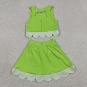 ชุดเด็กผู้หญิง GSD3322 rts Little Active Girl สีเขียวอ่อนลายตารางหมากรุก แต่งขอบหยัก ชุดขายส่ง เสื้อแขนกุด กระโปรงโยคะ - Product Image 4