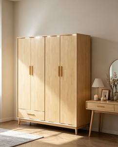 Armoire scandinave moderne en bois avec portes à panneaux plats, poignées en laiton, meuble de chambre autoportant en bois massif - Product Image 5
