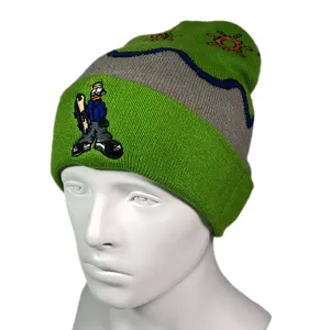 미국 스타일 스케이트 보드 스트리트 웨어 니트 워머 모자 스키 녹색 패턴 자수 모자 사용자 정의 멘 겨울 비니 touques