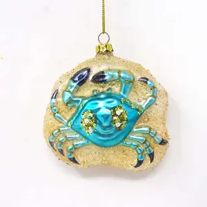Wholesale handmade glass only bauble ornament blue crabs crawl flat ball ornaments