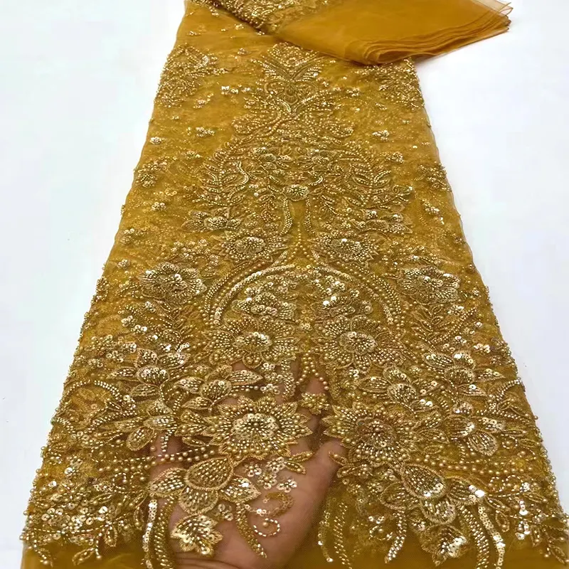 african gold lace fabric with beads and sequin 3d flower tulle nigerian beaded lace fabrics by the yard for bridal