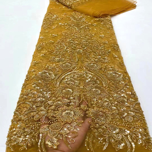 Tessuto di pizzo africano <span class=keywords><strong>oro</strong></span> con paillettes ricamate 3D fiori nigeriano in <span class=keywords><strong>Tulle</strong></span> di perline dal cortile per uso nuziale - Product Image 1