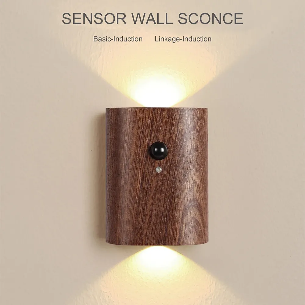 American modern minimalist led wall light lamp for indoor bedroom living room hallway stairway toilet wooden sensor night light