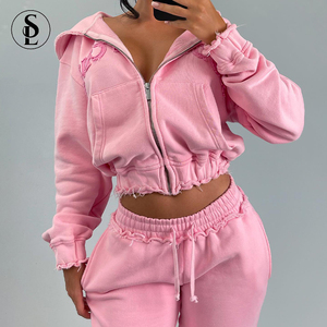 Set Tuta da <span class=keywords><strong>Donna</strong></span> Due Pezzi con Logo Personalizzato, Felpa Rosa con Zip Effetto Invecchiato e Pantaloni Jogger - Product Image 1