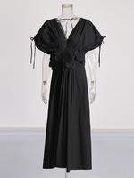 Robe élégante de style français vintage pour femmes, printemps 2026, col en V, décalcomanie tridimensionnelle, taille empire, coton, antistatique